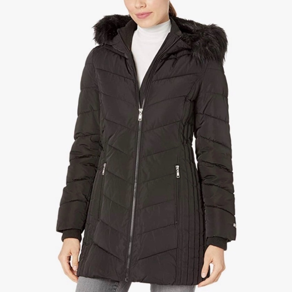 Tommy Hilfiger Black Puffer Coat Size Small Faux Fur Hood Winter Jacket